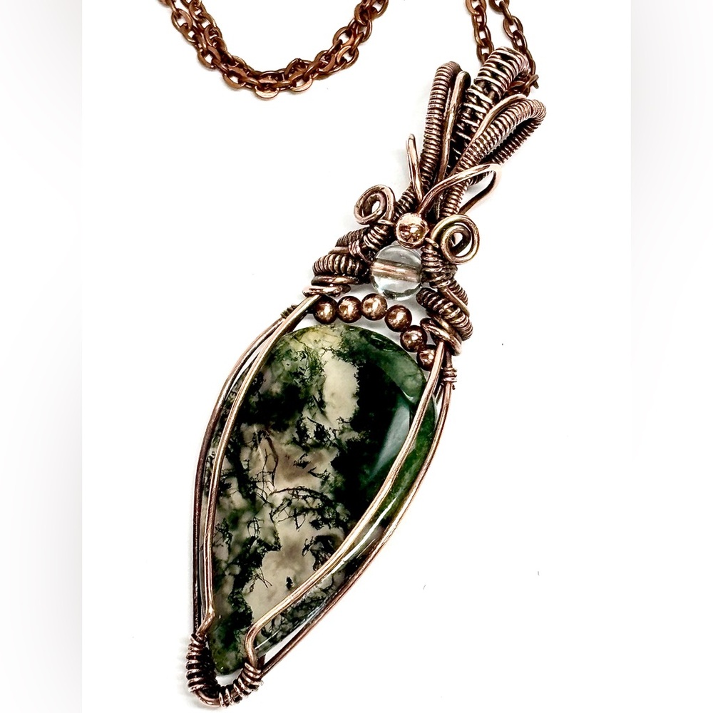 HANDMADE MOSS Agate & Clear Quartz Hand Wrapped Copper Statement Necklace, Gift - Picture 3 of 10